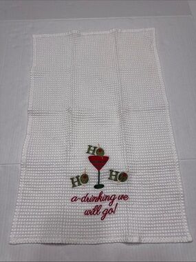 Holiday Cocktail Embroidered Kitchen Towel - White with Red & Green
